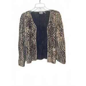 Chico's Gold Circle Embroidered Ribbon Silk Blend Open Front Jacket Size 1